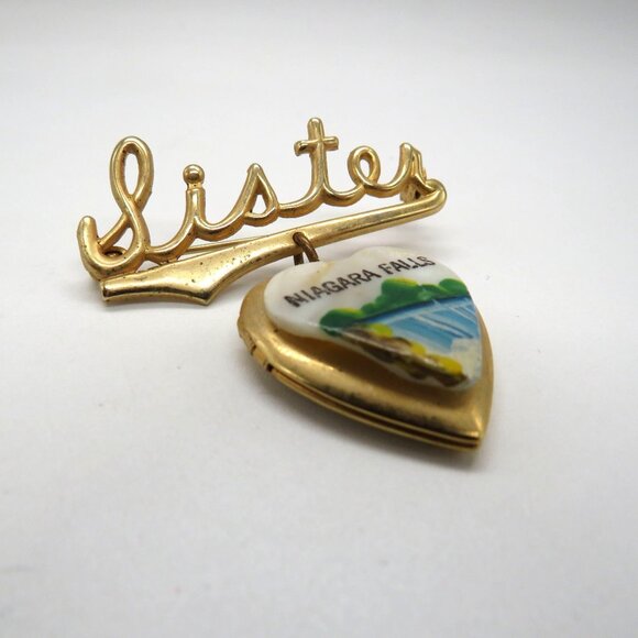 Vintage Sister Brooch Gold Tone Niagara Falls Hanging Heart Locket Pin - Picture 2 of 8